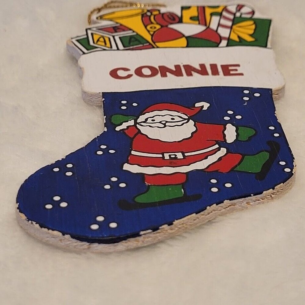 Vintage Wooden Christmas Stocking Ornament Santa Toys Custom Name Connie - Picture 4 of 6